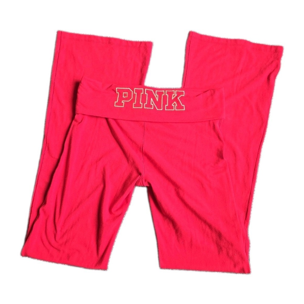 Victoria's Secret PINK Yoga Pants Foldover Flare Leggings Red Gold Women's S